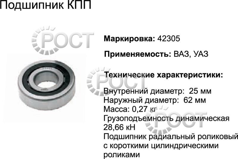 Подшипник (42305) вала вторичного КПП ВАЗ-2108, вала промежуточного УАЗ (17422)
