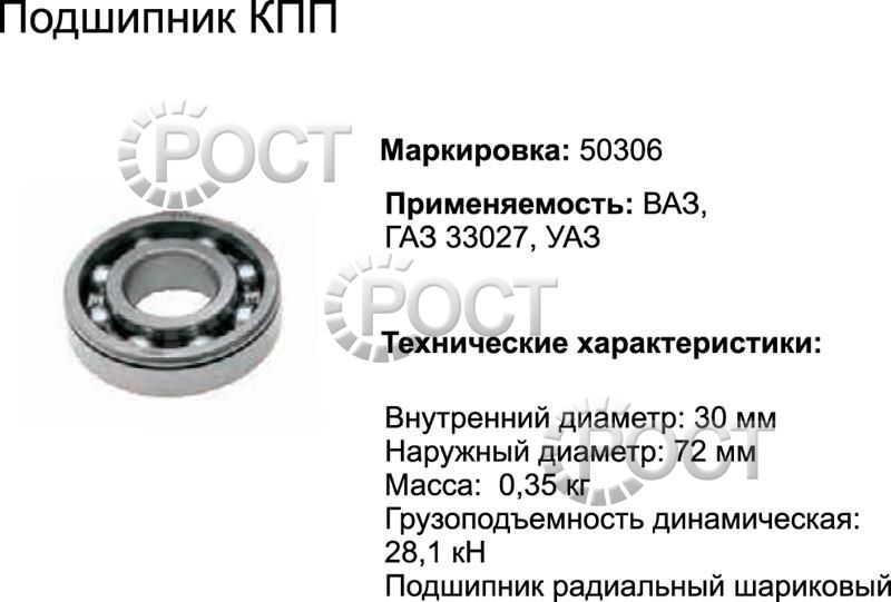 Подшипник (50306) вала первичного КПП Г-2401, ВАЗ, РК Г-33027, УАЗ (17424)