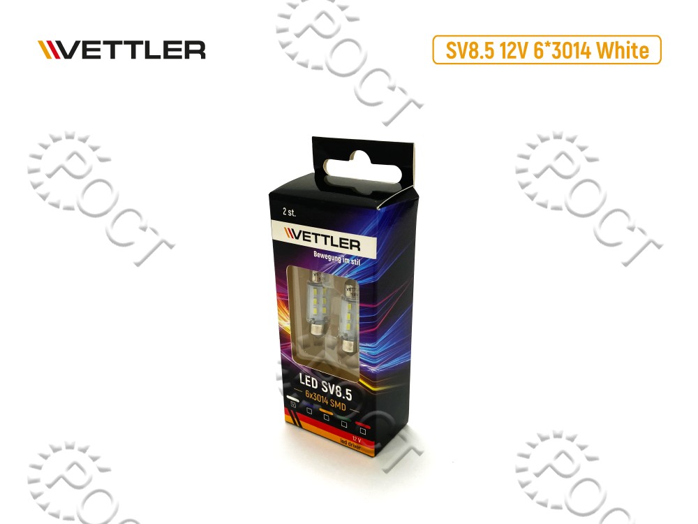 Лампа светодиодная 12 V SV8.5-6*3014 SMD белая салонная (пальчиковая)  led driver (к-т 2шт) VETTLER