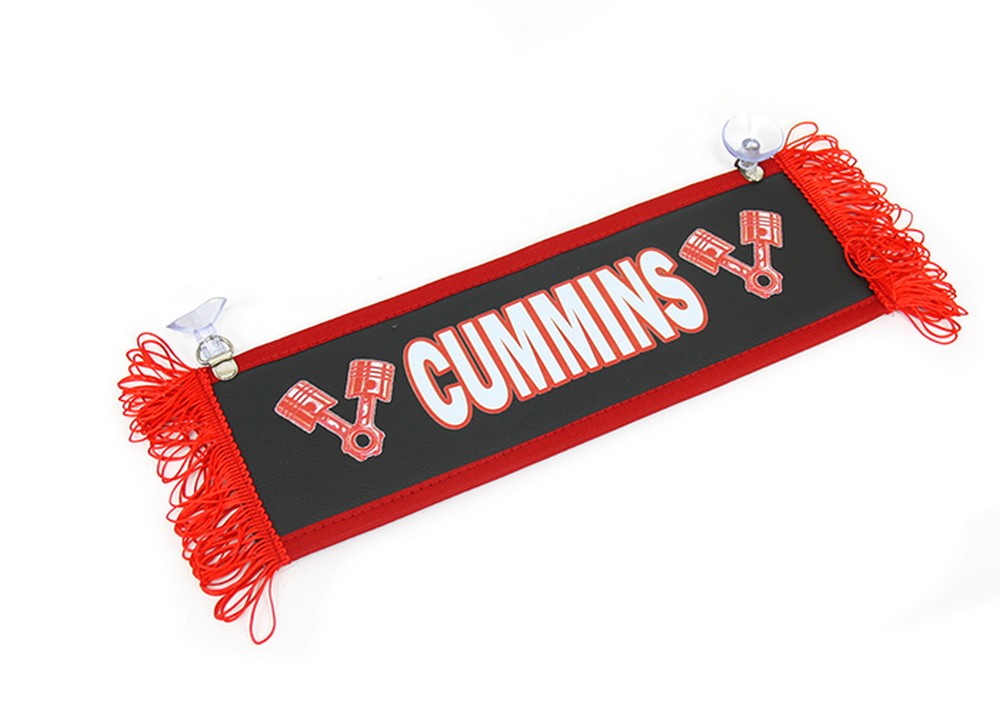 Вымпел прямой (10 x30) экокожа с надписью Cummins / Пустой (черный + красная бахрома)