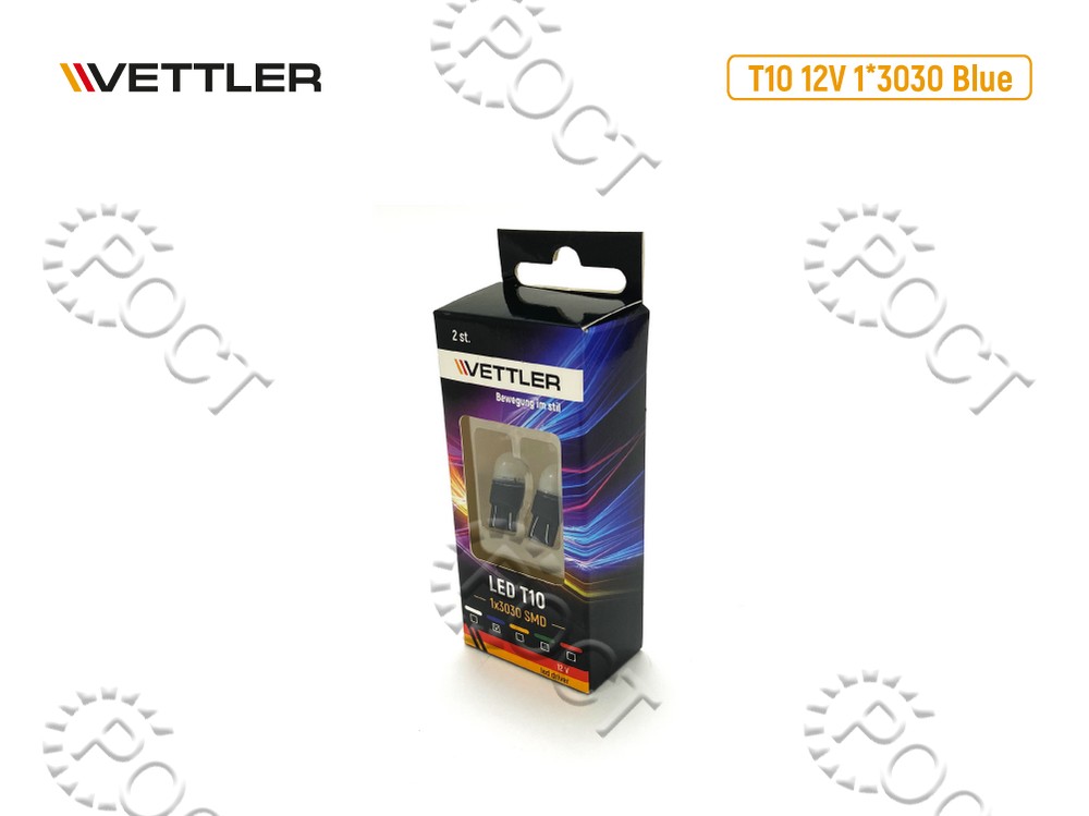 Лампа светодиодная 12 V T10-1*3030 SMD голубая повторит, габарит б/цок led driver (к-т 2шт) VETTLER
