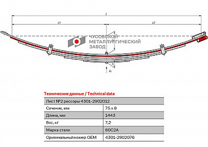 Лист рессоры передней №2 Г-4301(75*8*1443)