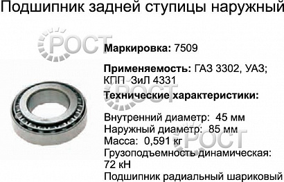 Подшипник (7509) ступицы задней Г-3302 , УАЗ (наружный) (32209, VKHB 9006)